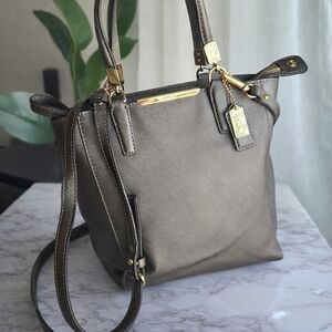 Coach Saffiano Leather Mini North South Crossbody Tote In Metalic Bronze